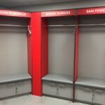 A left hand view of wigan warriors locker seating
