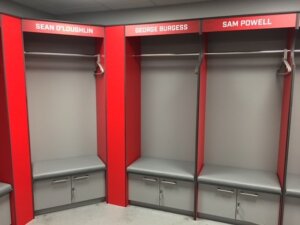 A left hand view of wigan warriors locker seating